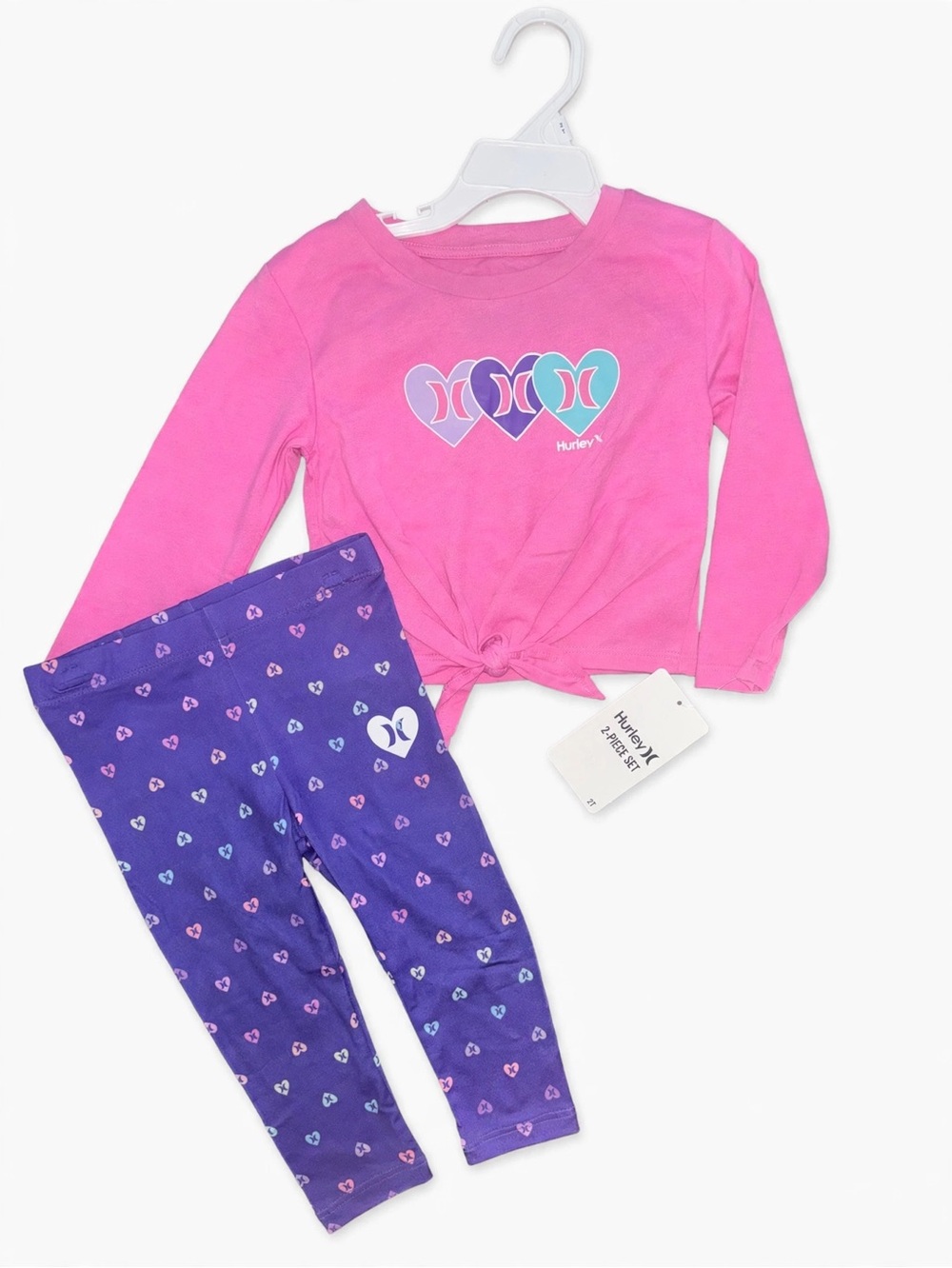 Hurley Pink Tie-Front Top with Purple Heart-Print Leggings Pajama Set